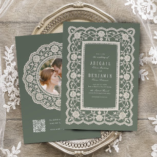 Invitación Boda Clásica de Encaje Floral Verde Salvia Vintage