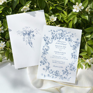 Invitación Boda Clásica de Flores y Cintas Azules Francesas