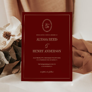 Invitación Boda Clásica de Monograma Moderno en Rojo Vino