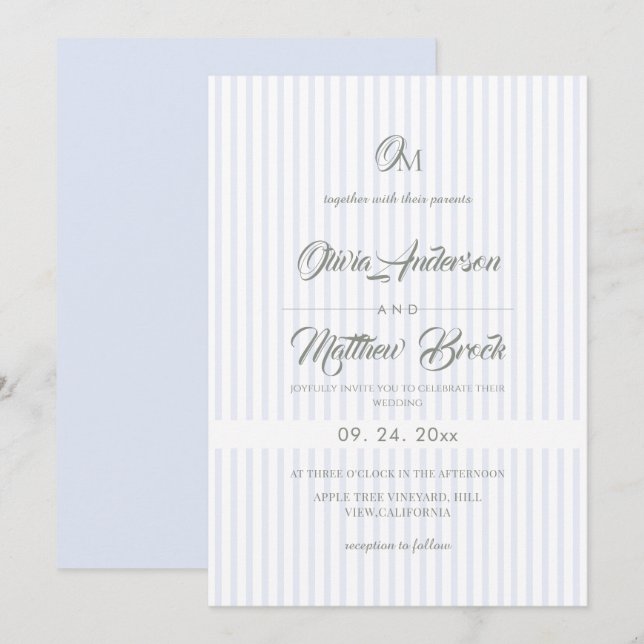 Invitación Boda clásica elegante con franja de salvia y azul (Anverso / Reverso)