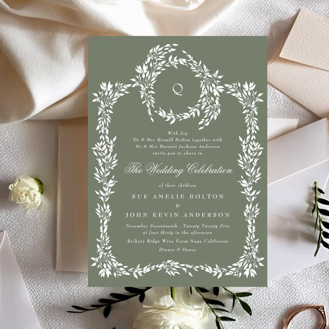 Invitación Boda clásica elegante con monograma Wreath Sage Gr (Subido por el creador)