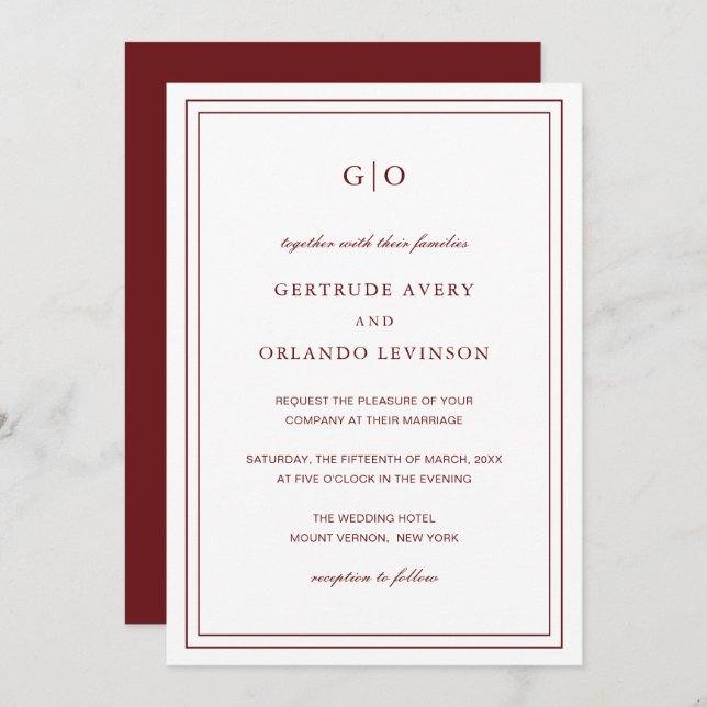 Invitación Boda clásica elegante de Borgoña (Anverso / Reverso)