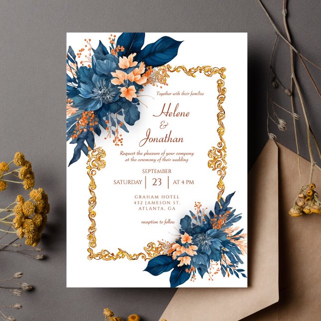 Invitación Boda clásica elegante de Navy Blue Terracotta (Navy Blue Terracotta Classic Elegant Wedding Invitation)