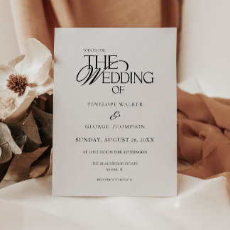 Invitación Boda Clásica Elegante en Negro y Blanco con Letra