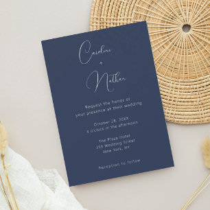 Invitación Boda clásica elegante moderna azul marino y blanco