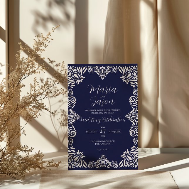 Invitación Boda clásica floral azul de la marina mexicana (Mexican Navy Blue Floral Classic Elegant Wedding Invitation)