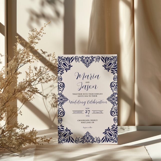 Invitación Boda clásica floral azul de la marina mexicana (Mexican Navy Blue Floral Classic Elegant Wedding Invitation)