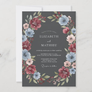 Invitación Boda Clásica Floral Azul Granate
