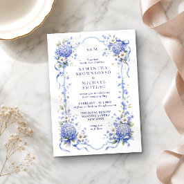 Invitación Boda Clásica Floral de Porcelana Azul Marina