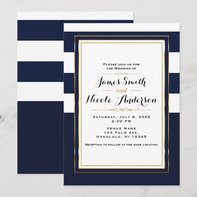 Invitación Boda clásica moderna elegante azul y dorada (Anverso / Reverso)
