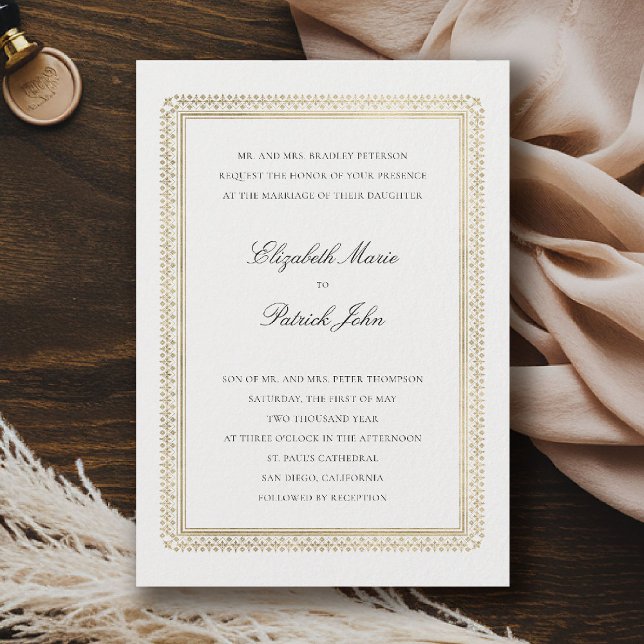 Invitación Boda Clásica Moderna Formal Dorada Liso Marfil (formal traditional wedding invitation modern classic gold ivory deco ballroom black tie)
