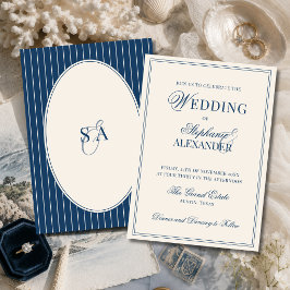 Invitación Boda Clásica Monograma Azul Marino Marfil Dinero A