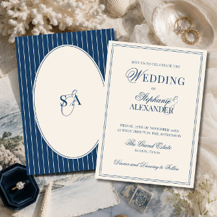 Invitación Boda Clásica Monograma Azul Marino Marfil Dinero A