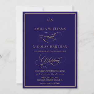 Invitación Boda Clásica Monograma Cobalto Azul Oro