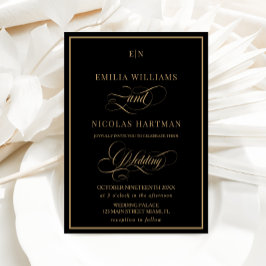 Invitación Boda Clásica Monograma de Oro Negro