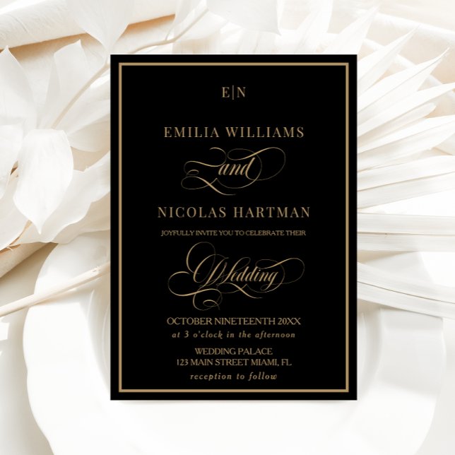 Invitación Boda Clásica Monograma de Oro Negro (Subido por el creador)