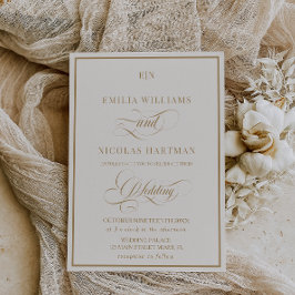 Invitación Boda Clásica Monograma Marfil Dorado