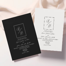 Invitación Boda Clásica Monograma Negro y Blanco