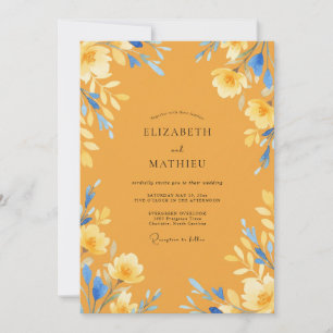 Invitación Boda Clásica Mostaza Azul Pétalo