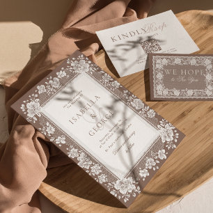 Invitación Boda Clásica Neutral con Encaje y Dinero Antiguo