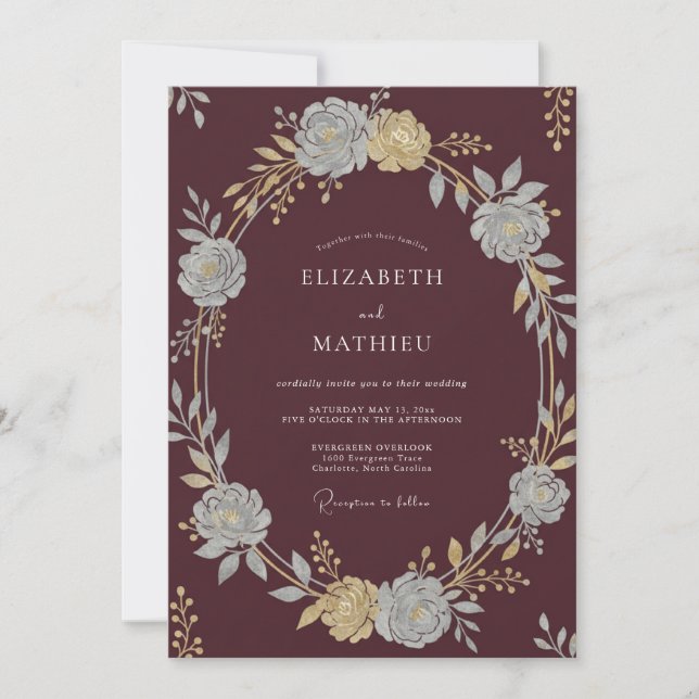 Invitación Boda Clásica Otoñal de Burdeos (Anverso)