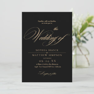 Invitación Boda Clásica Romántica con Letra Dorada Negra