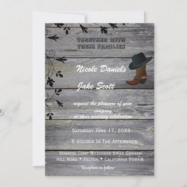 Invitación Boda Clásica Rústica de Sombrero Negro y Bota de V (Anverso)