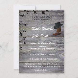 Invitación Boda Clásica Rústica de Sombrero Negro y Bota de V