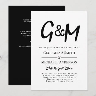 Invitación Boda Clásica Tipografía Monograma Blanco y Negro