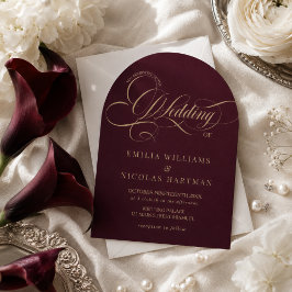 Invitación Boda Clásica Todo En Uno Rojo Vino y Dorado