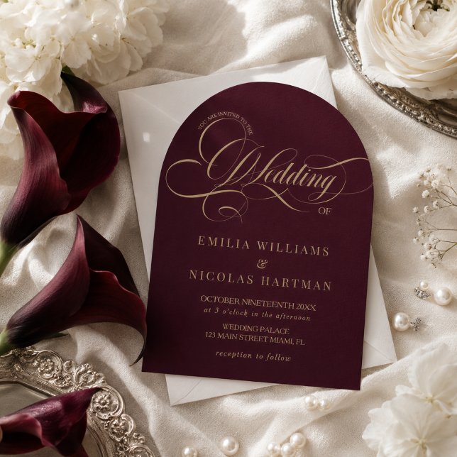 Invitación Boda Clásica Todo En Uno Rojo Vino y Dorado (Subido por el creador)