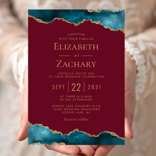 Invitación Boda Clásica Turquesa Ágata Dorada Burgundy