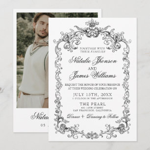 Invitación Boda Clásica Vintage en Blanco y Negro