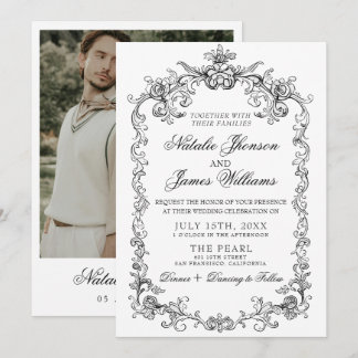 Invitación Boda Clásica Vintage en Blanco y Negro