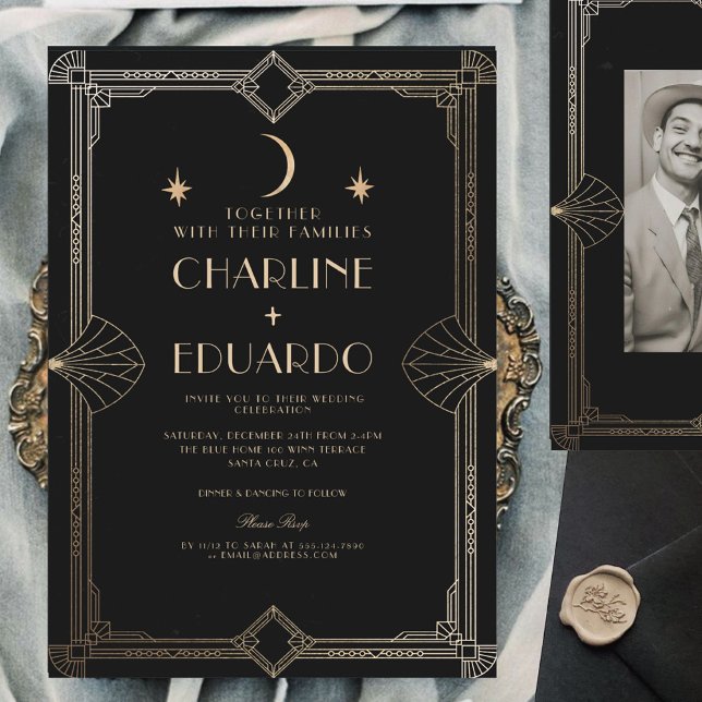 Invitación Boda clásico Art Deco Elegante Oro Negro de los añ (Subido por el creador)