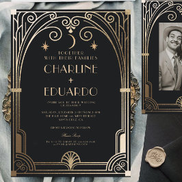 Invitación Boda clásico Art Deco Elegante Oro Negro de los añ