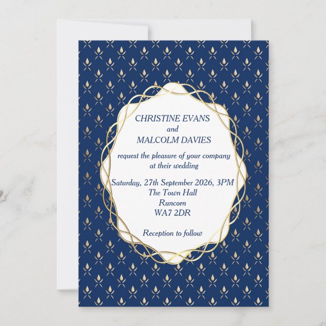 Invitación Boda clásico azul y oro (Anverso)