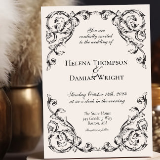 Invitación Boda clásico barroco negro y blanco