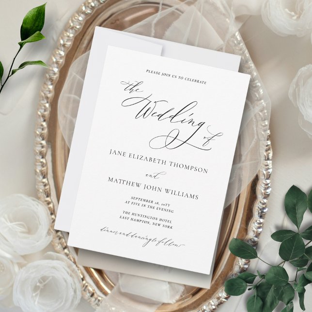 Invitación Boda Clásico Blanco y Negro Sencillo (This wedding invitation features a romantic calligraphy script font for a fine art wedding look.)