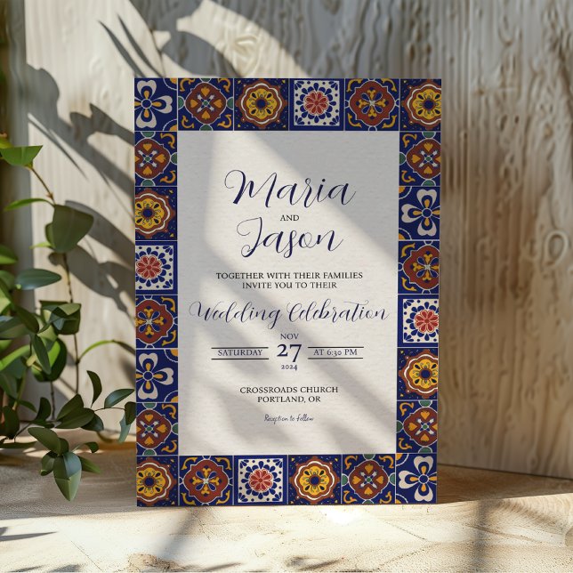 Invitación Boda clásico colorido de Talavera Majolica (Mexican Talavera Majolica Colorful Classic Wedding Invitation)