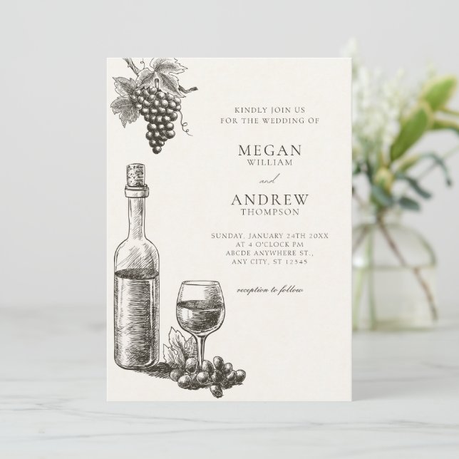 Invitación Boda clásico de botellas de vino y uvas (Anverso de pie)