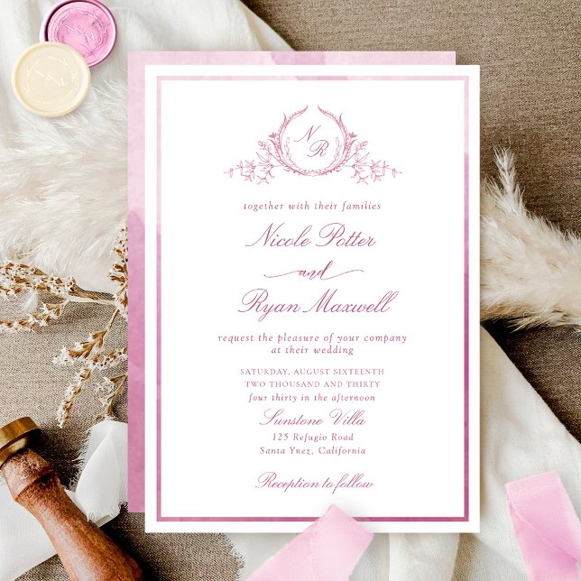 Invitación Boda clásico de color de agua rosa malva monograma (Subido por el creador)
