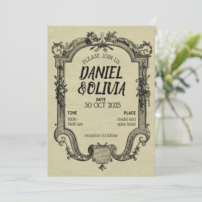 Invitación Boda clásico de cosecha negra verde (Anverso de pie)