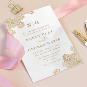 Invitación Boda clásico de crema de encaje dorado monograma