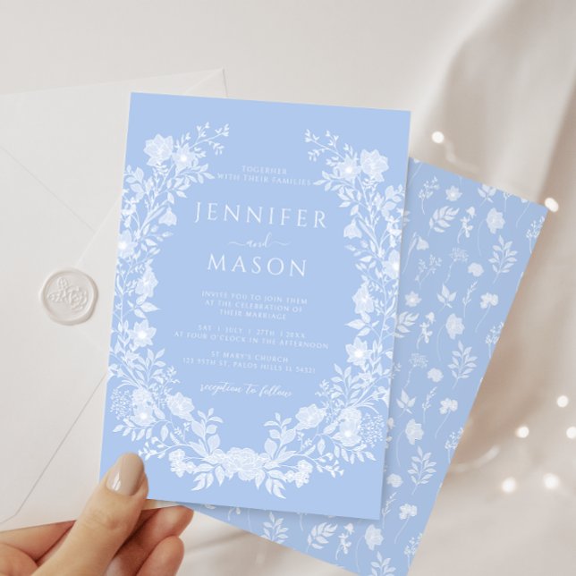 Invitación Boda clásico de flor azul pastel brillante (Subido por el creador)