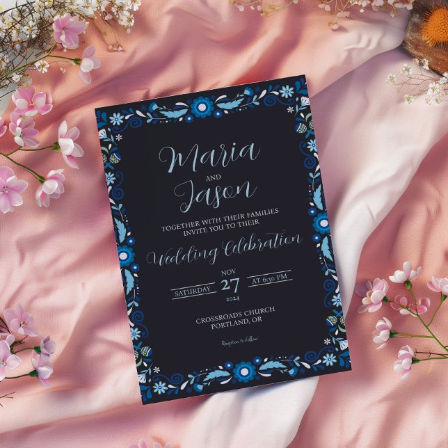 Invitación Boda Clásico de Floral Azul de la Marina Mexicana (Mexican Navy Blue Floral Elegant Classic Wedding Invitation)