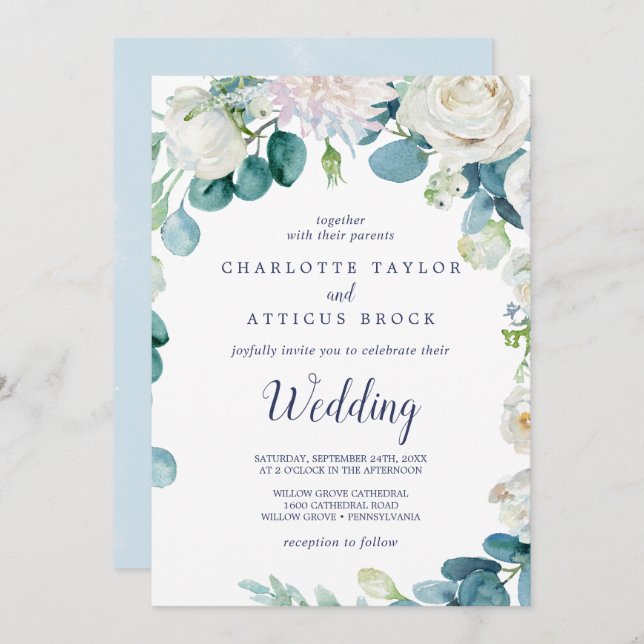 Invitación Boda clásico de flores blancas (Anverso / Reverso)
