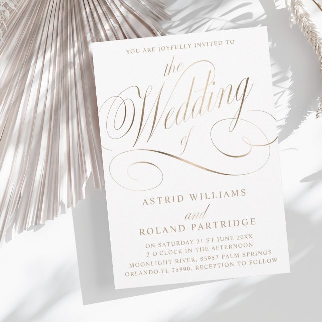 Invitación Boda clásico de guiones blancos y falsos de oro (Subido por el creador)
