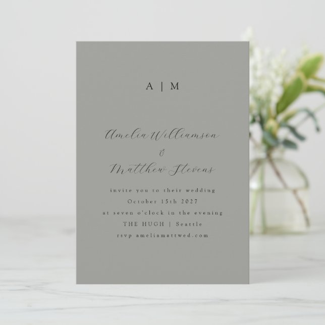 Invitación Boda clásico de guiones gris y negro (Anverso de pie)