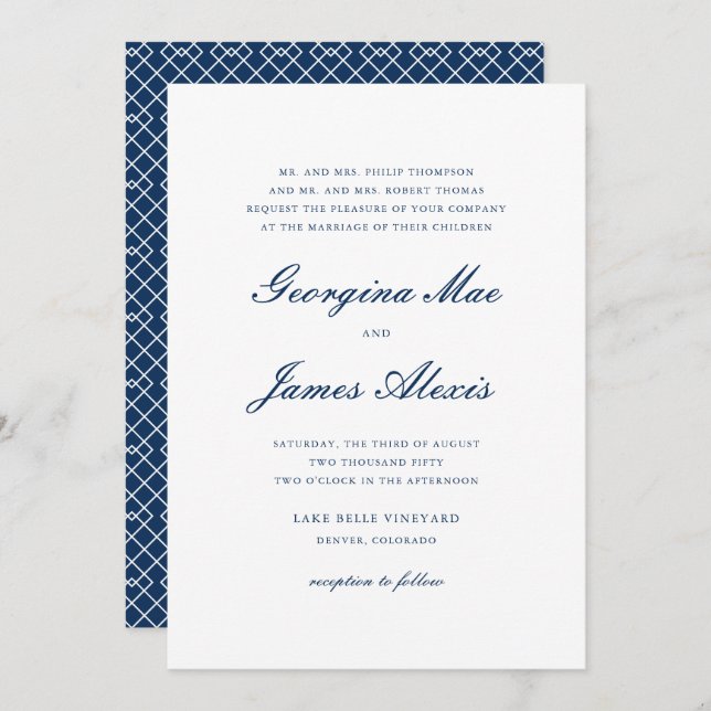 Invitación Boda clásico de guiones negrita azul de la marina (Anverso / Reverso)